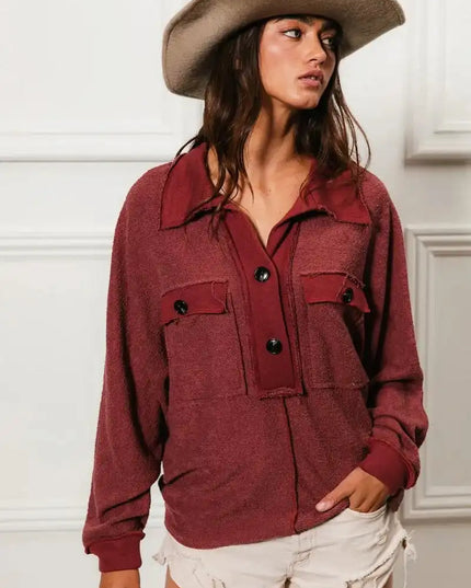 BiBi Cp French Terry Cut Edge Detail Collared Top - Sleekdenim.com