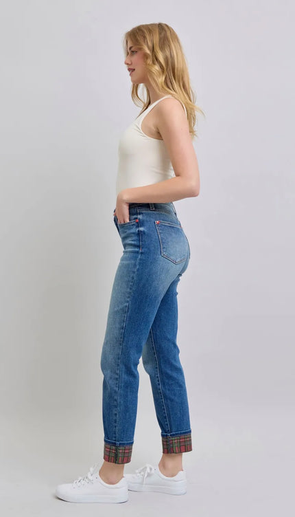 Judy Blue Full Size Plaid Print Cuff Straight Leg Jeans with Pockets - Sleekdenim.com