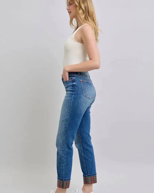 Judy Blue Full Size Plaid Print Cuff Straight Leg Jeans with Pockets - Sleekdenim.com