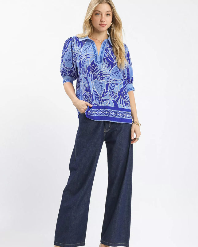 Umgee Tropical Print Puff Sleeve Blouse - Sleekdenim.com