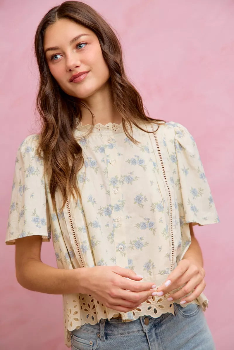 SO ME Floral Print Lace Trim Flutter Sleeves Blouse - Sleekdenim.com