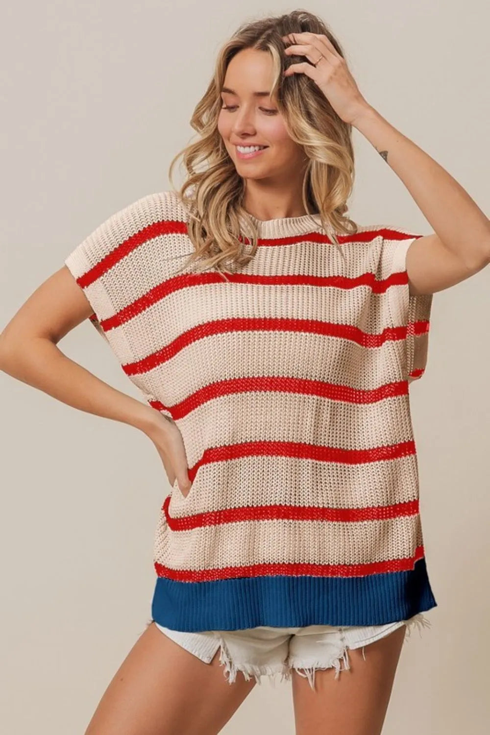 BiBi Fourth Of July Stripe Drop Shoulder Sweater - Sleekdenim.com