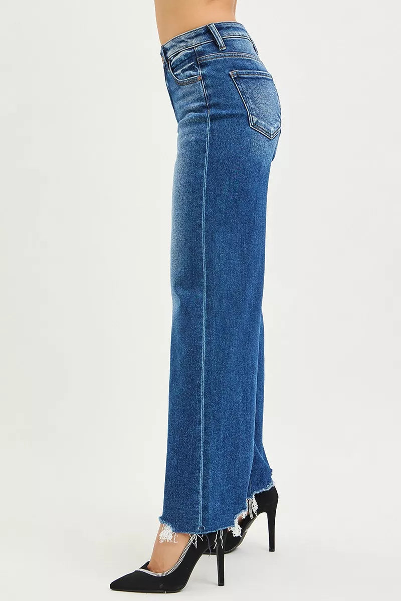 RISEN High Rise Wide Leg Jeans with Distressed Hem - Sleekdenim.com
