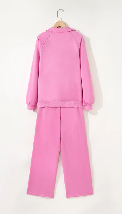 Polo Collar V Neck Pullover and Drawstring Sweatpants Set - Sleekdenim.com