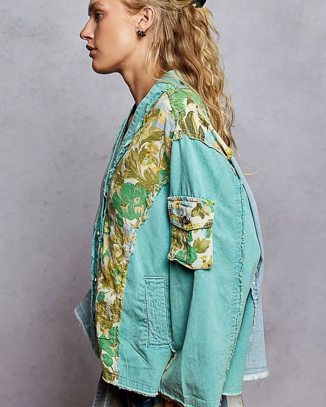 POL Button Down Floral V-Neck Long Sleeve Raw Hem Top - Sleekdenim.com