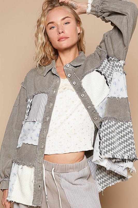 POL Raw Hem Patchwork Dropped Shoulder Jacket | Sleekdenim.com