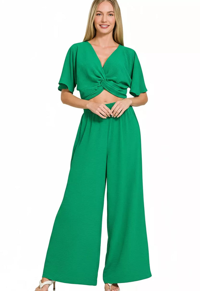 Zenana Woven Airflow Twisted Top & Wide Leg Pants Set - 2