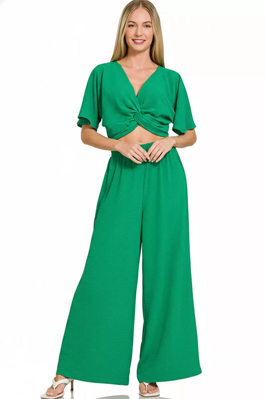 Zenana Woven Airflow Twisted Top & Wide Leg Pants Set - 2