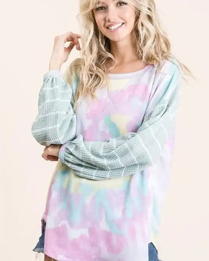 BiBi Tie Dye Terry Top with Wide Stripe Thermal Waffle - Sleekdenim.com
