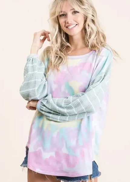 BiBi Tie Dye Terry Top with Wide Stripe Thermal Waffle - Sleekdenim.com