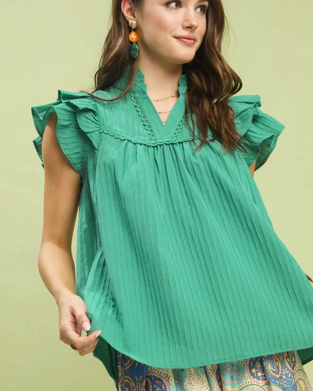 Umgee Ruffle Sleeve Textured Babydoll Blouse - Sleekdenim.com