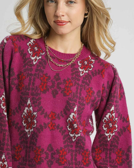 Umgee Boho Patterned Long Sleeve Sweater - Sleekdenim.com