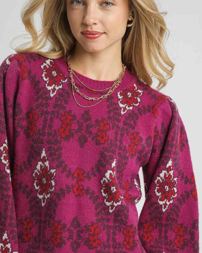 Umgee Boho Patterned Long Sleeve Sweater - Sleekdenim.com