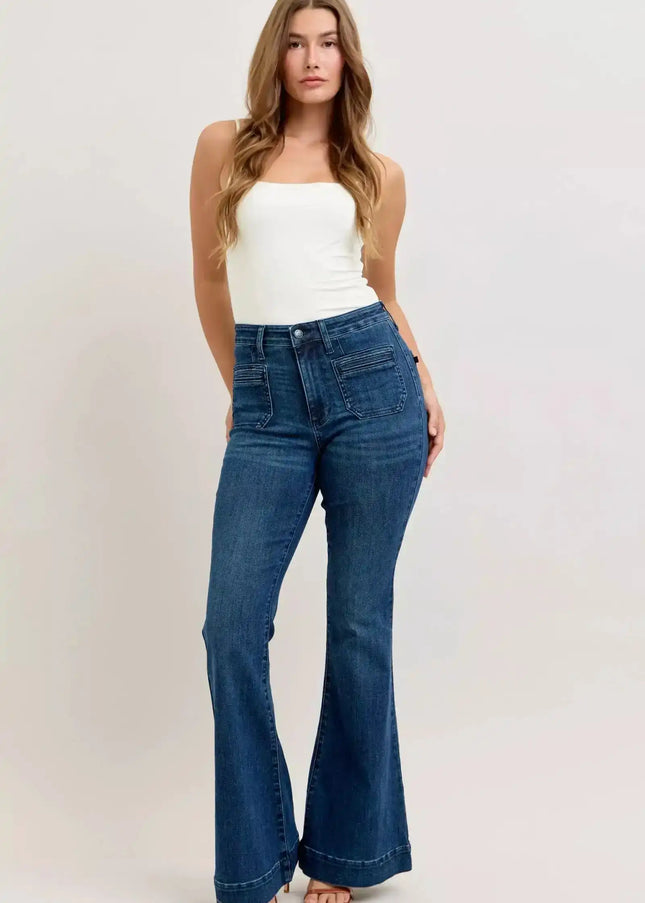 Judy Blue High Waist Mitered Pocket & Pintuck Flare Denim Jeans 881079 - Sleekdenim.com