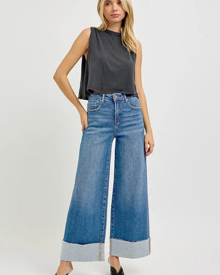 RISEN Full Size Tummy Control High Rise Crop Wide Cuffed Jeans Plus Size - Sleekdenim.com