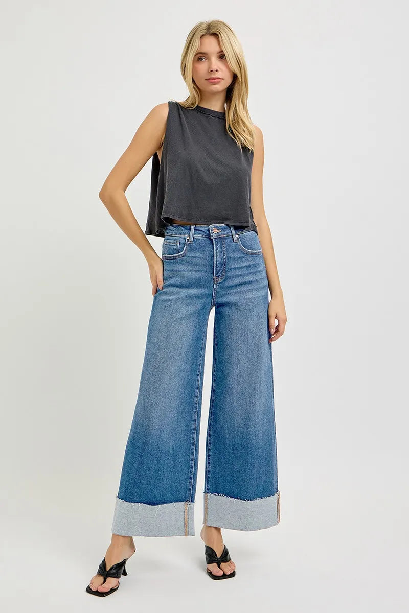 RISEN Full Size Tummy Control High Rise Crop Wide Cuffed Jeans Plus Size - Sleekdenim.com