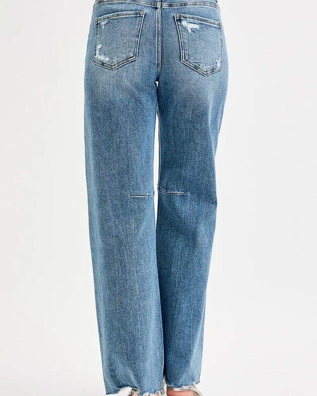 RISEN Full Size Mid Rise Fit Wide Baggy Leg Tie Washed Jeans Plus Size - Sleekdenim.com