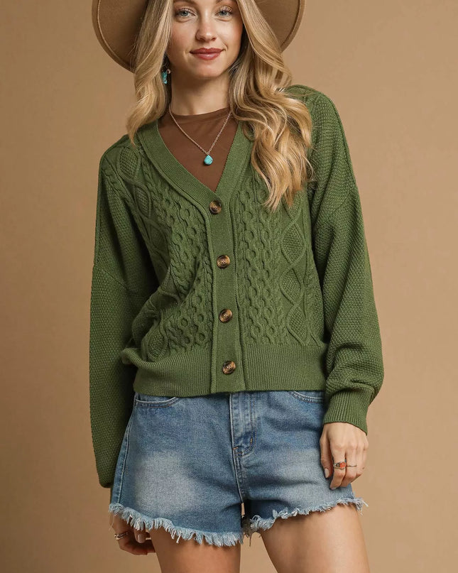 Umgee Chunky Cable Knit V-Neck Button-Up Cardigan - Sleekdenim.com