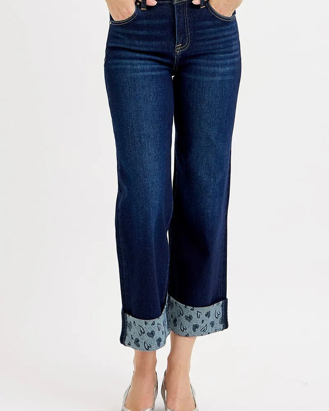 RISEN Full Size Mid Rise Fit Crop Wide With Printed Cuff Jeans Plus Size - Sleekdenim.com