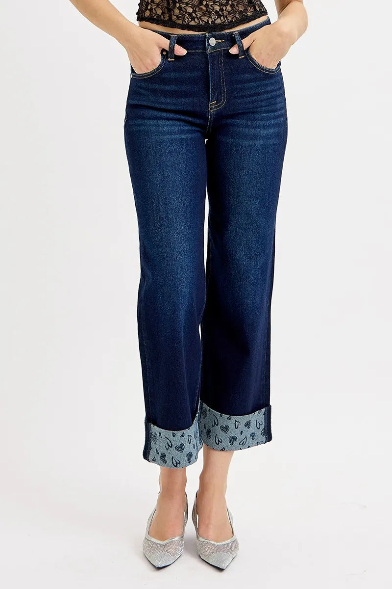 RISEN Full Size Mid Rise Fit Crop Wide With Printed Cuff Jeans Plus Size - Sleekdenim.com