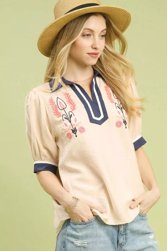 Umgee Embroidered Puff Sleeve Contrast Trim Top - Sleekdenim.com