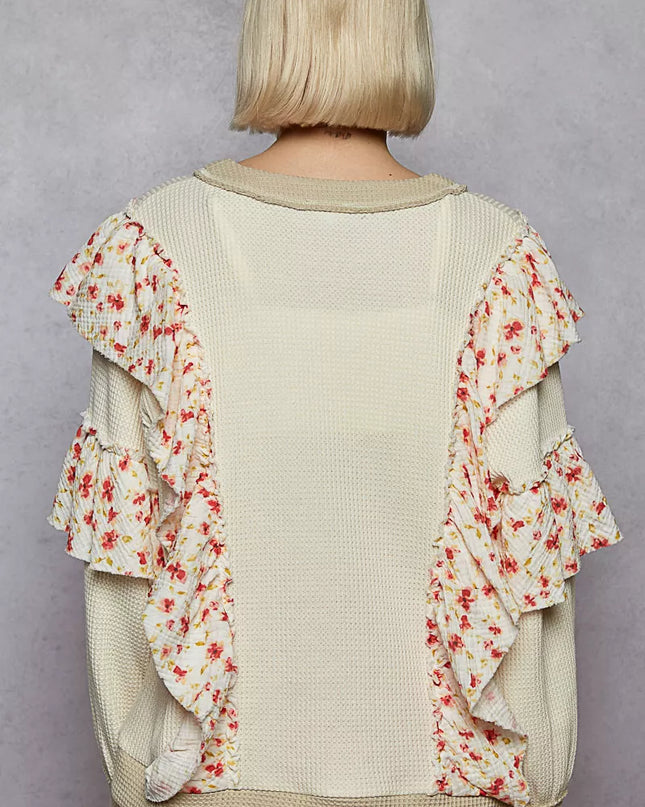 POL Round Neck Sweater with Floral Ruffle Detail - Sleekdenim.com