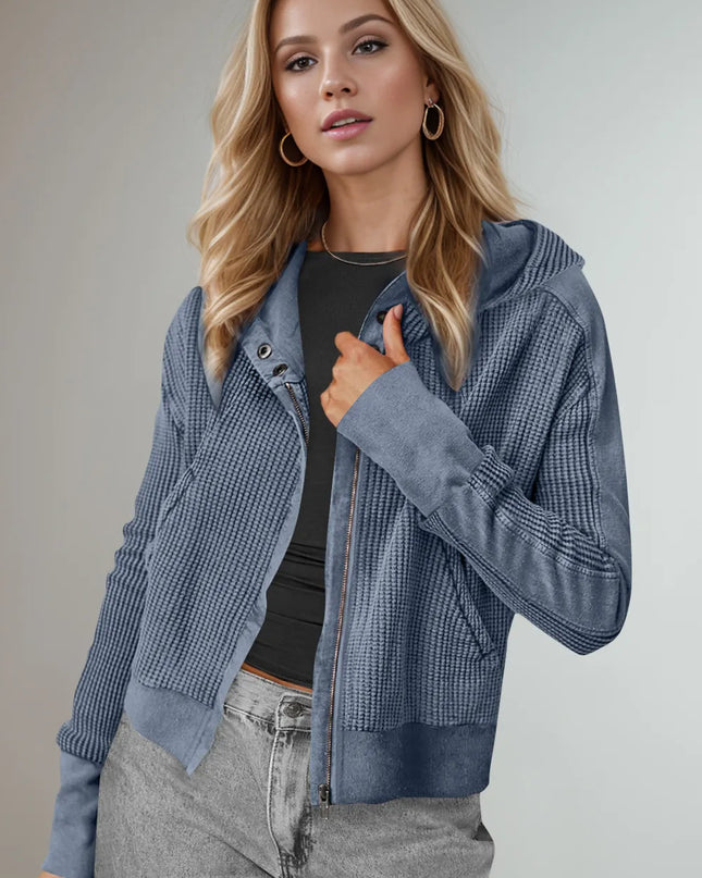 Double Take Waffle-Knit Zip Up Long Sleeve Hooded Jacket - Sleekdenim.com
