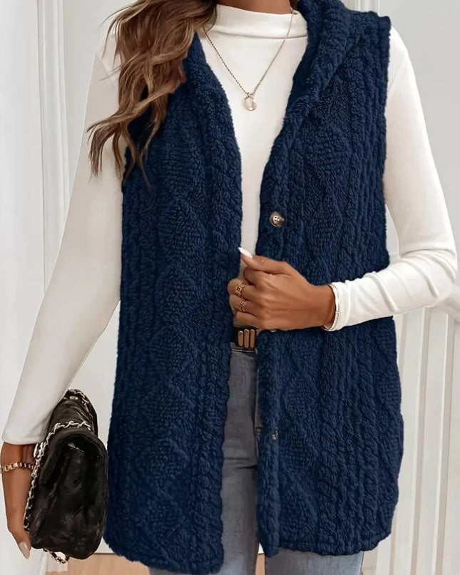 Hooded Button-Up Sherpa Vest Coat - Sleekdenim.com