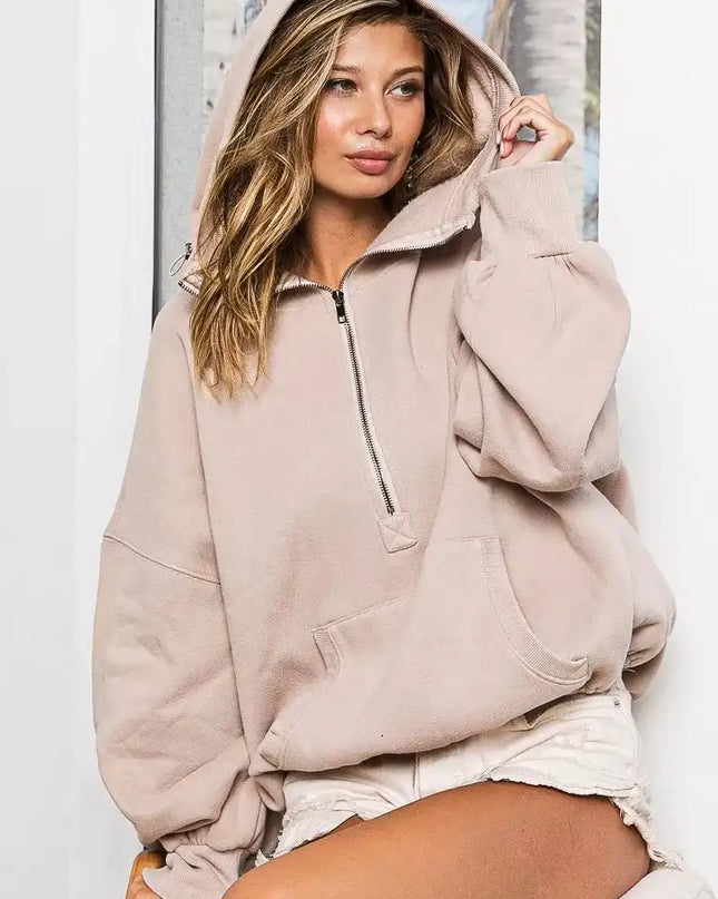 BiBi Stitch Detailed Elastic Hem Half Zip Fleece Hoodie - Sleekdenim.com