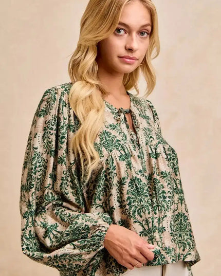 BiBi Printed Woven Front Tied Blouse with Baloon Sleeve - Sleekdenim.com