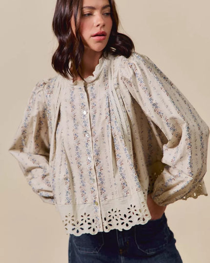 SO ME Floral Print Lace Button Down Shirt - Sleekdenim.com