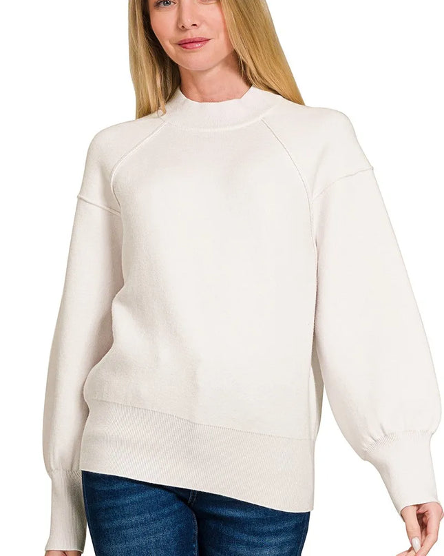 Zenana Viscose Mock Neck Exposed Seam Sweater - Sleekdenim.com
