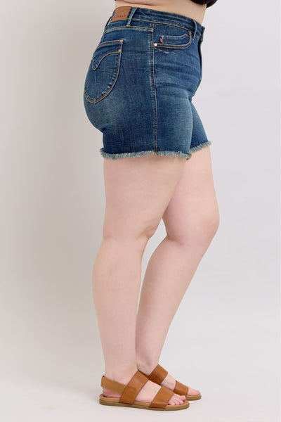 Judy Blue Tummy Control Fray Hem & Shield Back Pockets Denim Shorts | Sleekdenim.com