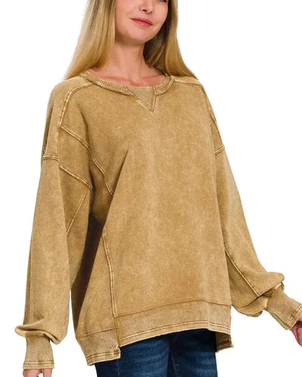 Zenana French Terry Acid Wash Pullover - Sleekdenim.com
