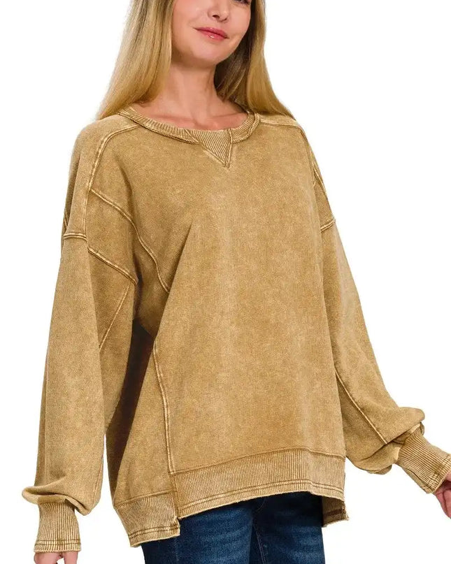 Zenana French Terry Acid Wash Pullover - Sleekdenim.com