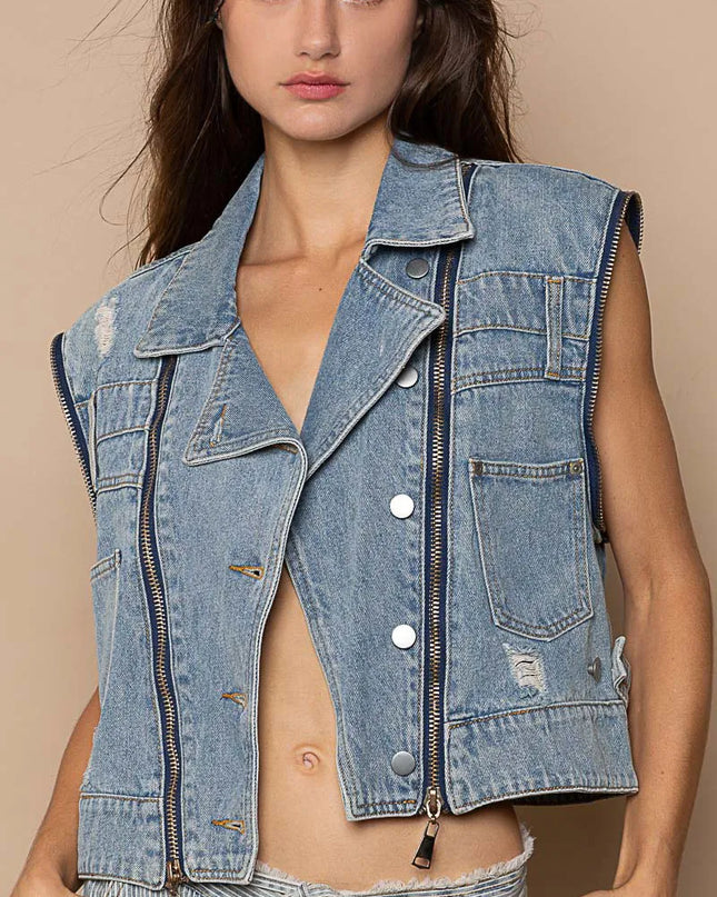 POL Cropped Denim Jacket with Functional Zipper Detail - Sleekdenim.com