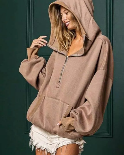 BiBi Stitch Detailed Elastic Hem Half Zip Fleece Hoodie - Sleekdenim.com