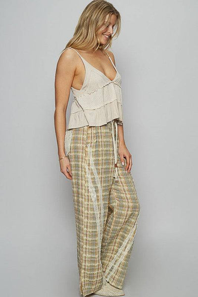 POL Lace Trim Drawstring Checkered Wide Leg Pants | Sleekdenim.com