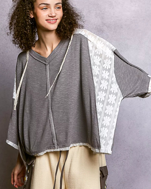 POL Short Sleeve Hoodie Top with Lace Detail - Sleekdenim.com