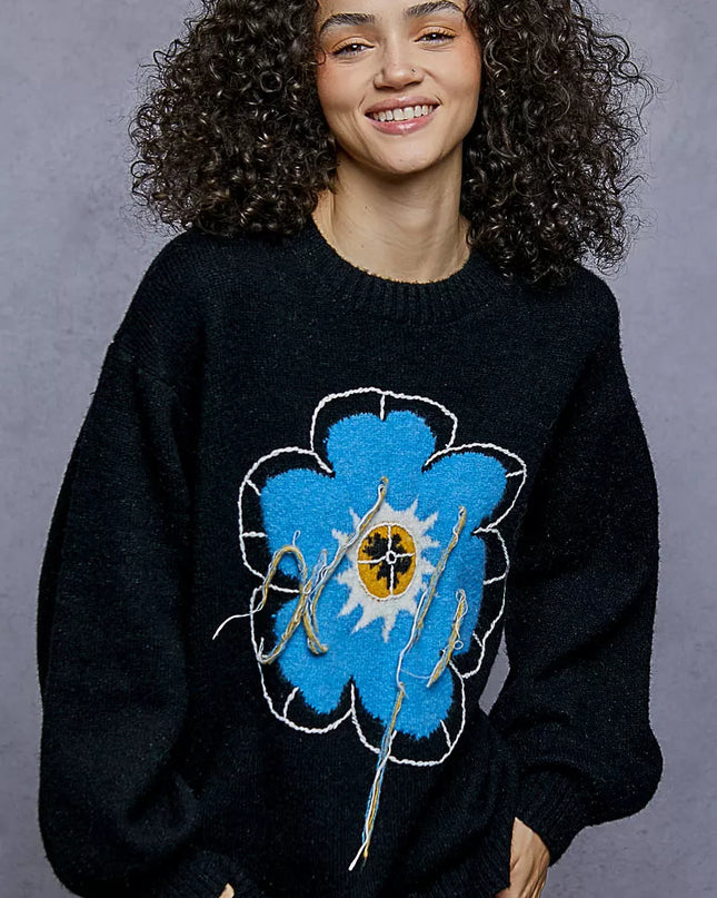 POL Floral Pattern Round Neck Sweater with Exposed Stitching - Sleekdenim.com