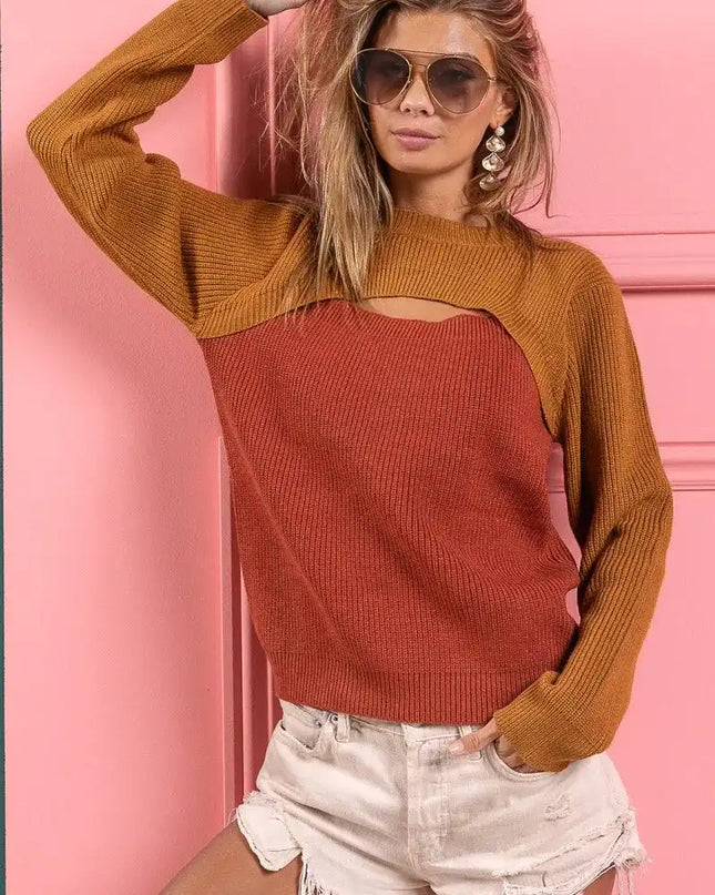 BiBi Color Block Sweater Knit Top With Cut Out Neck - Sleekdenim.com
