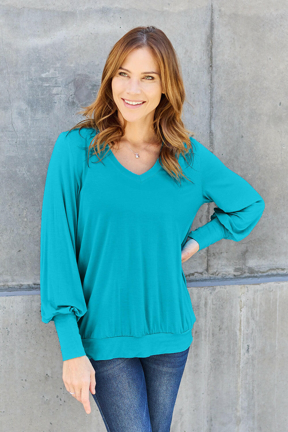 Basic Bae Full Size V-Neck Lantern Sleeve Top Sky Blue