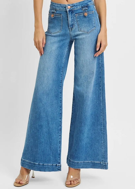 RISEN Full Size Mid Rise Wide Front Patch Pocket Jeans Plus Size - Sleekdenim.com
