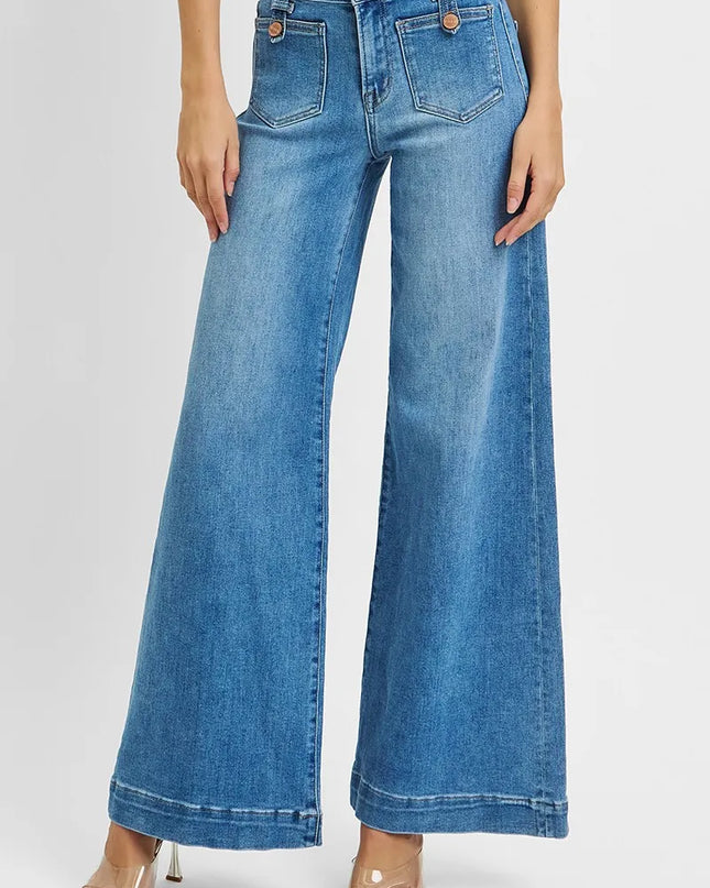 RISEN Full Size Mid Rise Wide Front Patch Pocket Jeans Plus Size - Sleekdenim.com