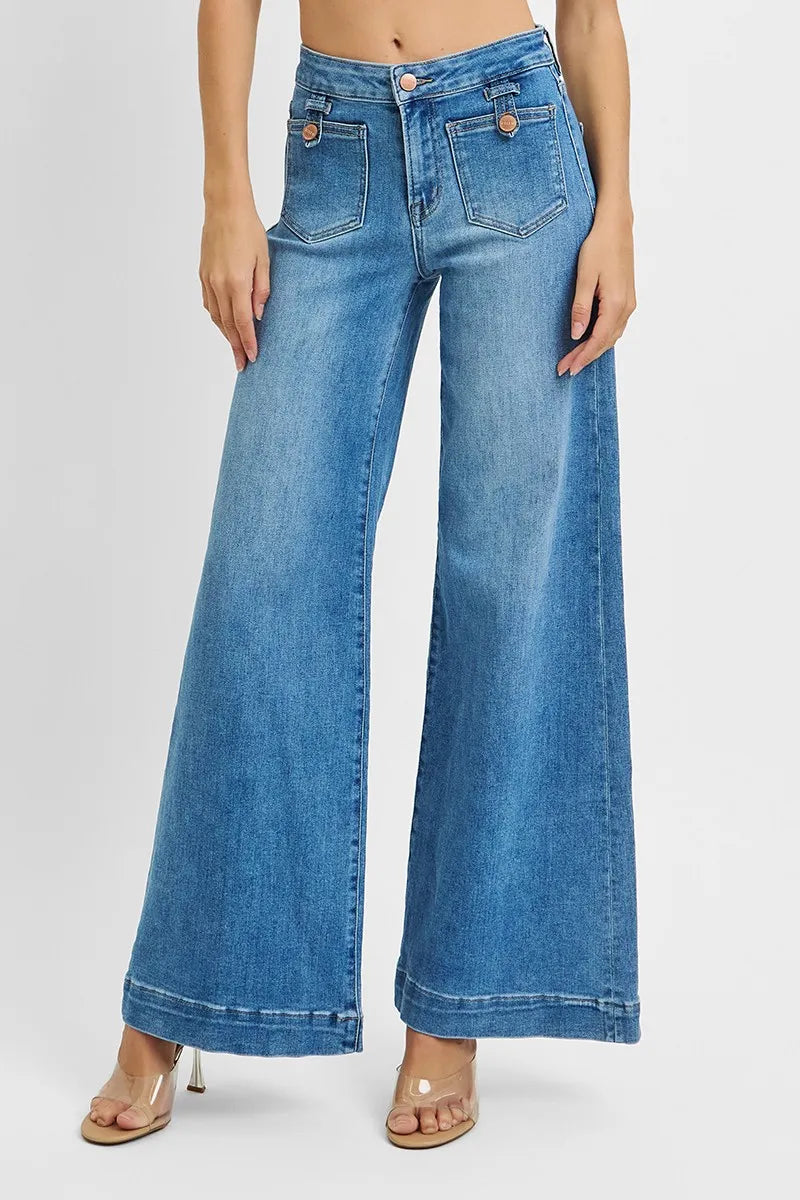 RISEN Full Size Mid Rise Wide Front Patch Pocket Jeans Plus Size - Sleekdenim.com