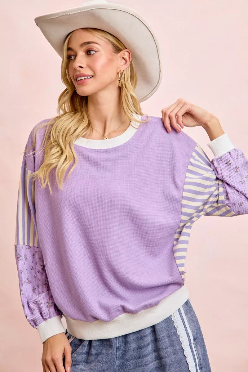 BiBi Mix and Match Sweatshirt with Floral Sleeve Stripes - Sleekdenim.com
