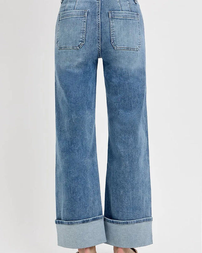 RISEN High Rise Ankle Wide Button Patch Pocket Cuffed Jeans - Sleekdenim.com
