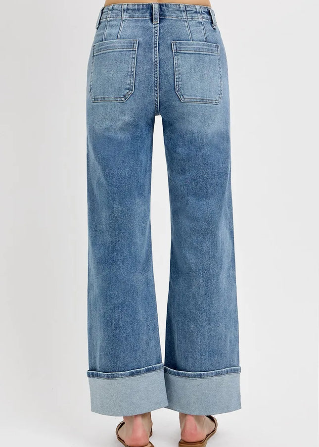 RISEN High Rise Ankle Wide Button Patch Pocket Cuffed Jeans - Sleekdenim.com