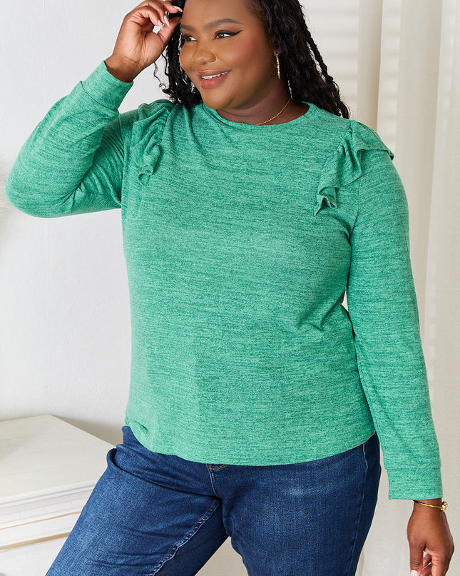 Double Take Ruffle Shoulder Long Sleeve T-Shirt - Sleekdenim.com