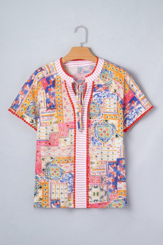 Boho Patchwork Tied V-Neck Short Sleeve Blouse - 1